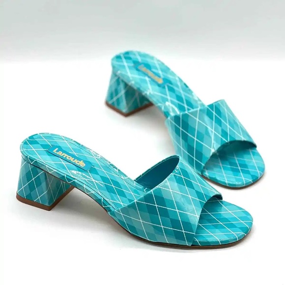 NWOT Larroude Aqua Argyle Brigitte Mules Patent Leather Slide Heels Size 8 - Picture 1 of 10